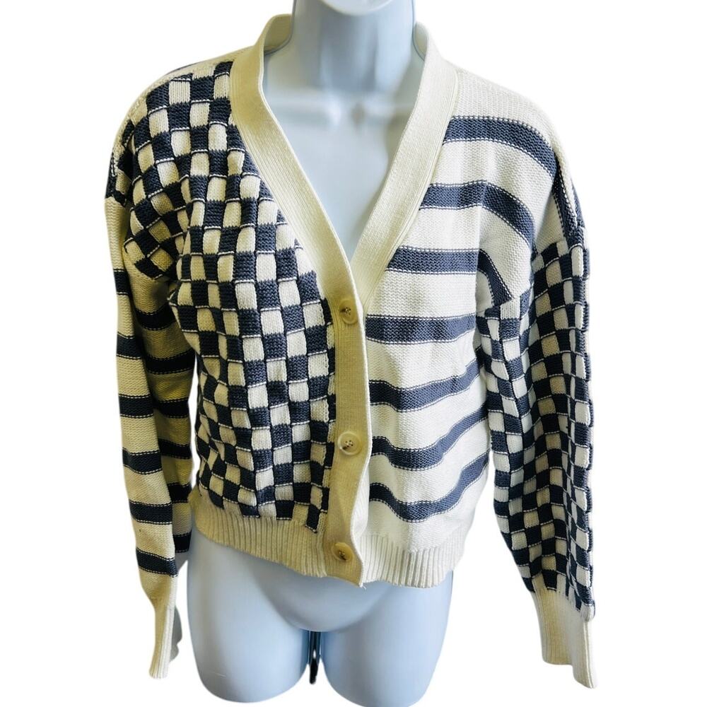 Moon & Madison checker stripe knit cardigan sweater cream navy M cozy Y2K
